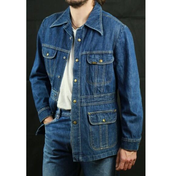 Vintage 70s Lee Snap Button Long Sleeve Denim Bush Chore Jacket Blue Mens Size L - Picture 1 of 10